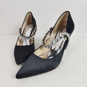 Badgley Mischka Women's 10 Black Satin Pointed Stiletto Heels Rhinestones Bling